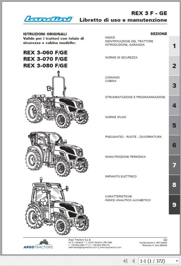 Landini Tractor REX 3 060 3 070 3 080 F GE Operation and Maintenance Manual 6671249A3 IT 1