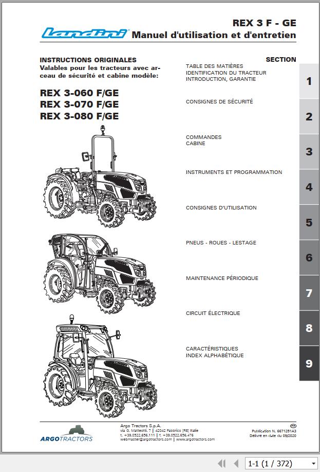 Landini Tractor REX 3 060 3 070 3 080 F GE Operation and Maintenance Manual 6671251A3 FR 1