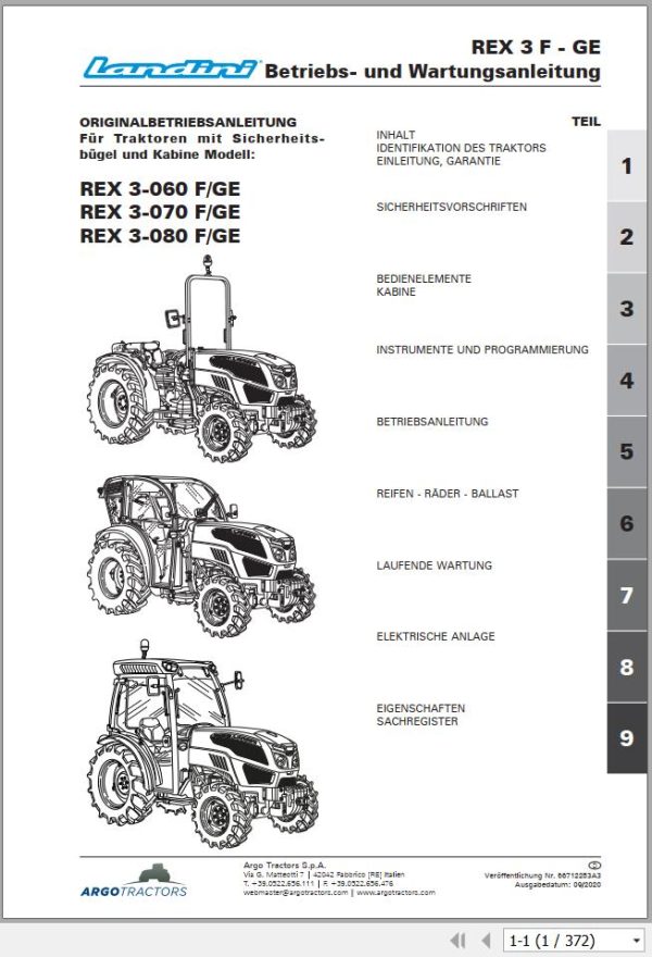 Landini Tractor REX 3 060 3 070 3 080 F GE Operator Maintenance Manual 6671253A3 DE 1