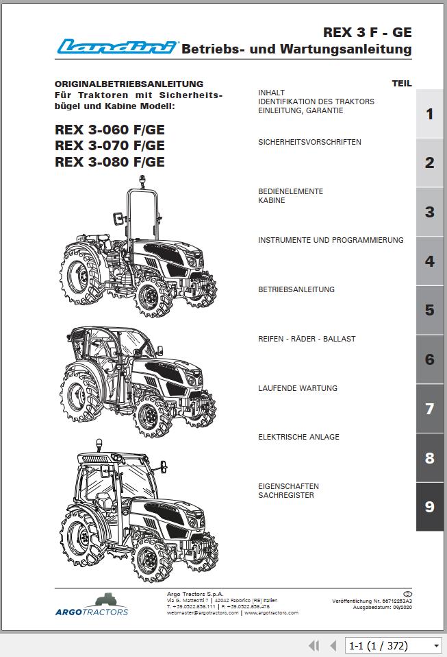 Landini Tractor REX 3 060 3 070 3 080 F GE Operator Maintenance Manual 6671253A3 DE 1