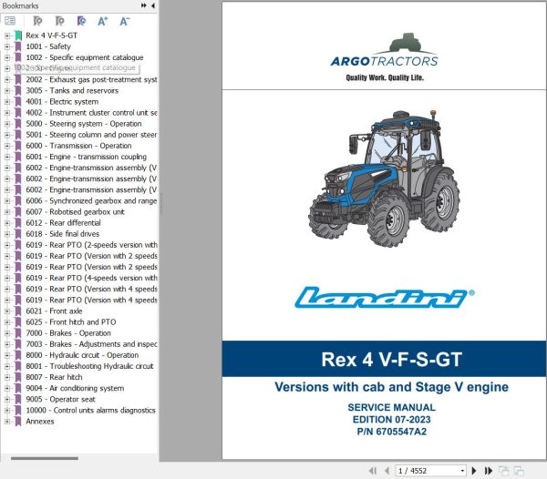 Landini Tractor REX 4 080 to 4 120 V F S GT Service Manual and Diagrams 6705547A2 1