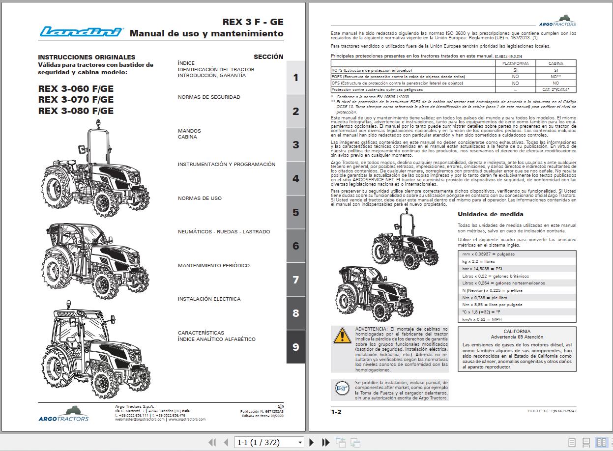 Landini Tractor Rex 3 060 3 070 3 080 F GE Operation and Maintenance Manual 6671252A3 ES 1