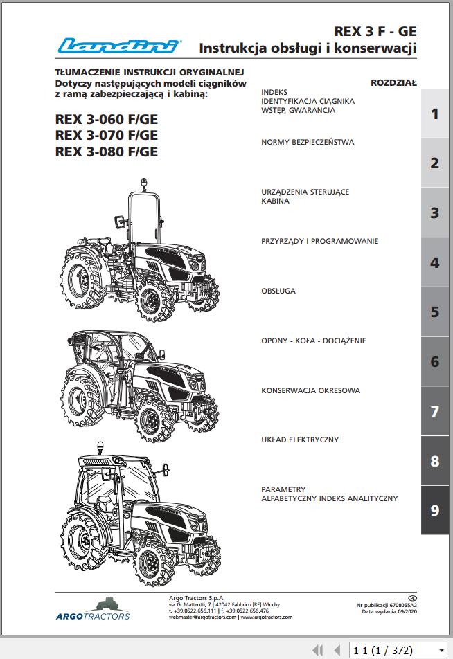 Landini Tractor Rex 3 060 3 070 3 080 F GE Operation and Maintenance Manual 6708055A2 PL 1