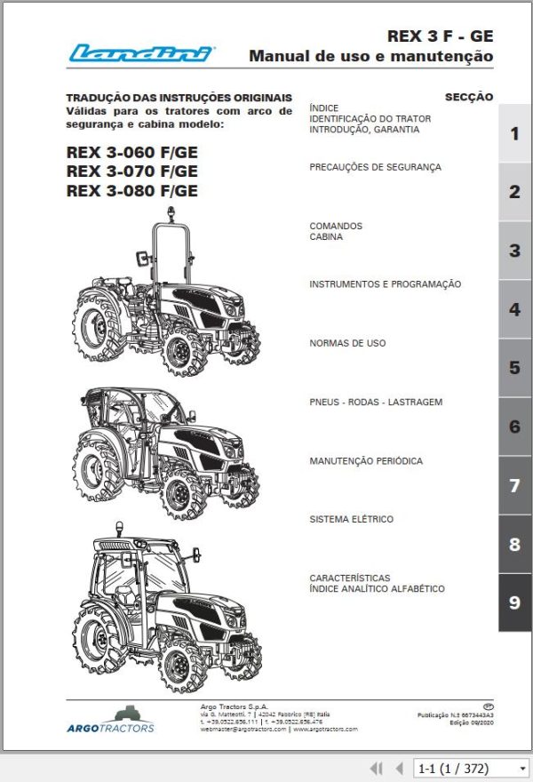 Landini Tractor Rex 3 060 3 070 Rex 3 080 F GE Operation and Maintenance Manual 6673443A3 PT 1