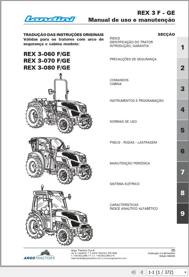 Landini Tractor Rex 3 060 3 070 Rex 3 080 F GE Operation and Maintenance Manual 6673443A3 PT 1
