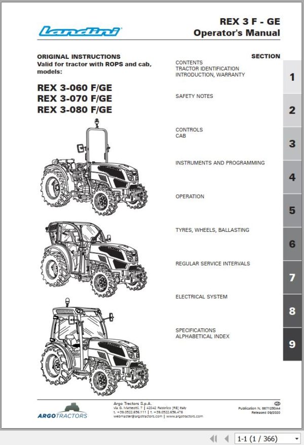 Landini Tractor Rex 3 060 F to Rex 3 080 GE Operation and Maintenance Manual 6671250A4 1