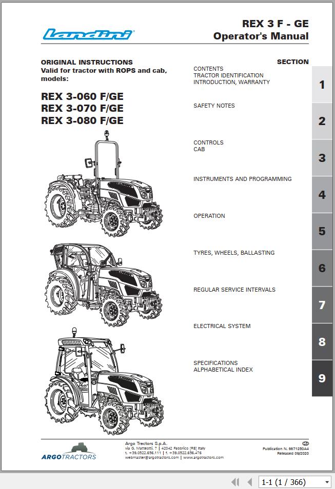 Landini Tractor Rex 3 060 F to Rex 3 080 GE Operation and Maintenance Manual 6671250A4 1