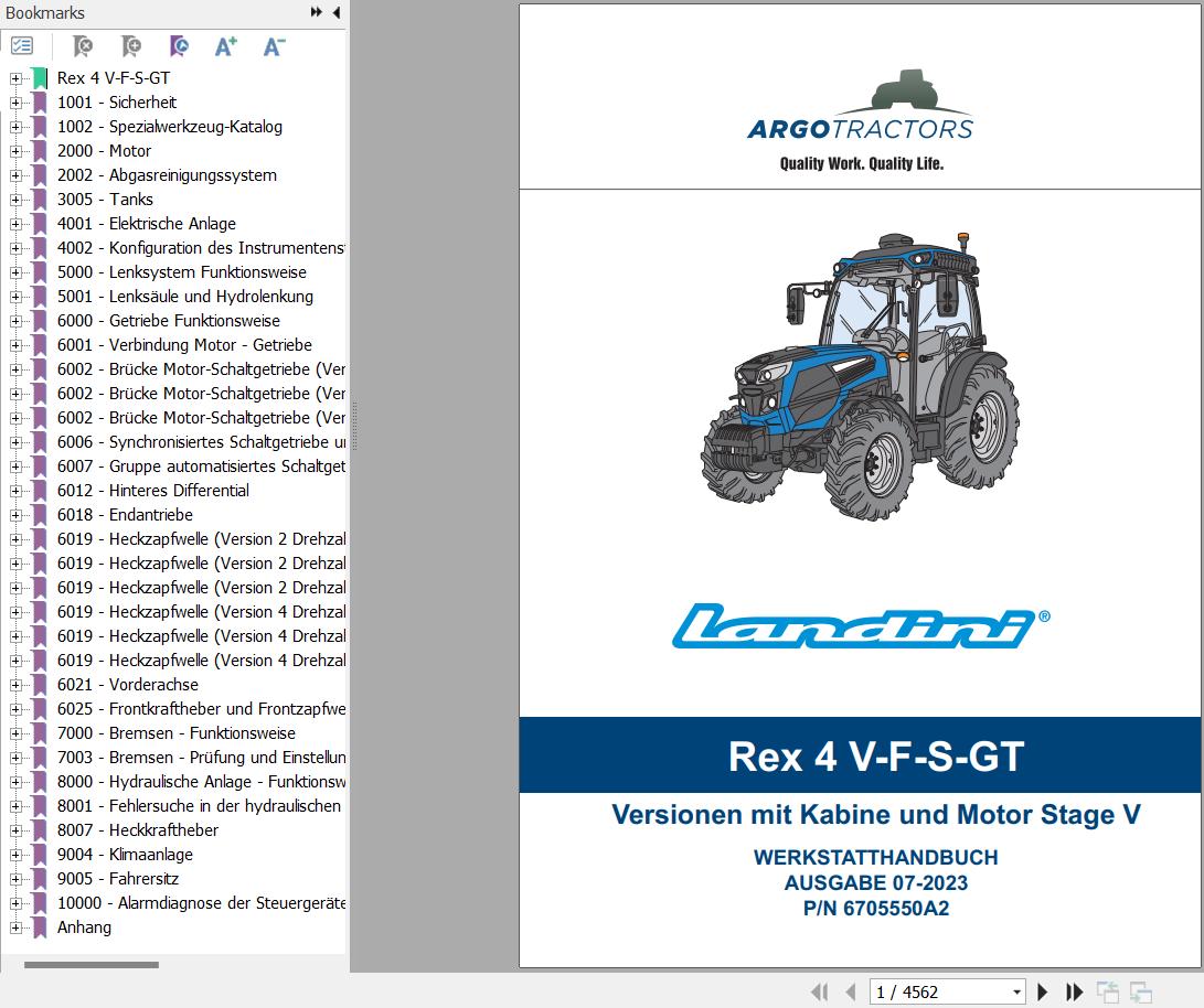 Landini Tractor Rex 4 080 4 090 4 100 4 110 4 120 V F S GT Service Manual and Diagrams 6705550A2 DE 1