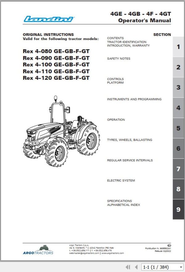 Landini Tractor Rex 4 080 GE To Rex 4 120 GT Operation and Maintenance Manual 6695502a1 En 1