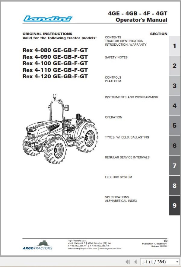 Landini Tractor Rex 4 080 GE to Rex 4 120 GT Operation and Maintenance Manual 6695502A1 1