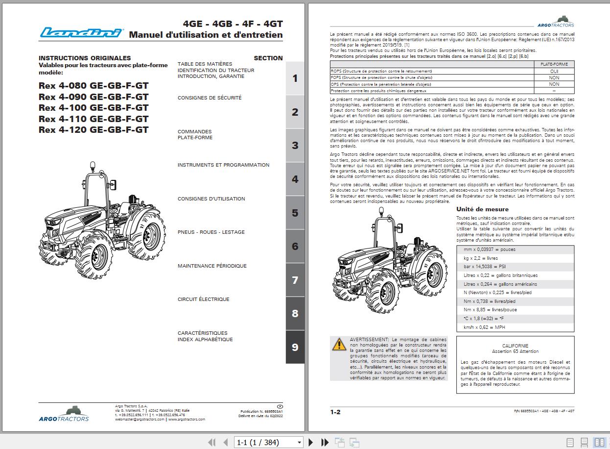Landini Tractor Rex 4 080 GE to Rex 4 120 GT Operation and Maintenance Manual 6695503A1 FR 1