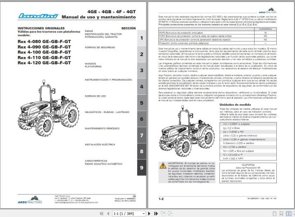 Landini Tractor Rex 4 080 GE to Rex 4 120 GT Operation and Maintenance Manual 6695505A1 ES 1