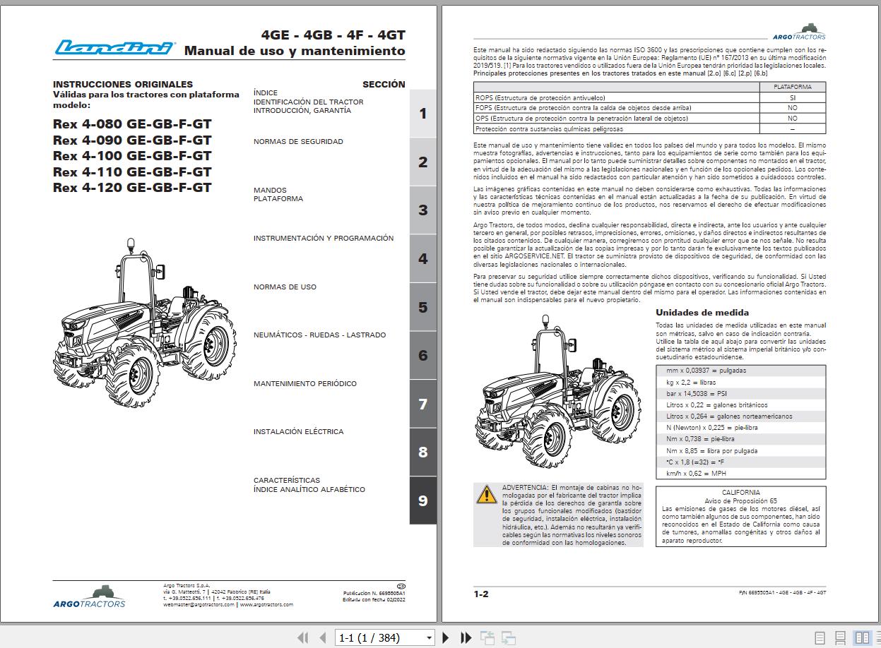 Landini Tractor Rex 4 080 GE to Rex 4 120 GT Operation and Maintenance Manual 6695505A1 ES 1