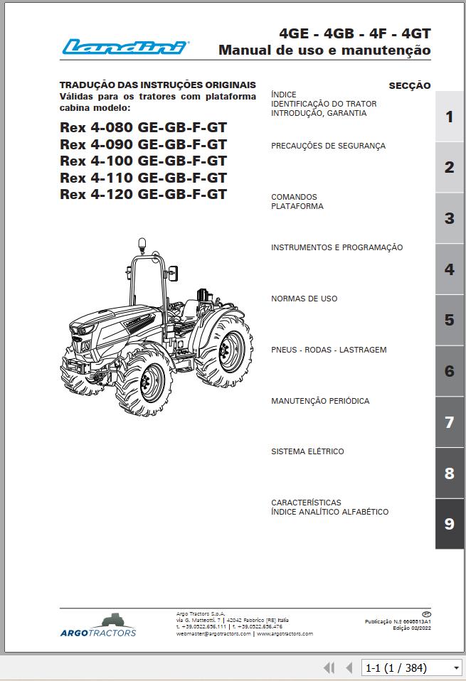 Landini Tractor Rex 4 080 GE to Rex 4 120 GT Operation and Maintenance Manual 6695513A1 PT 1