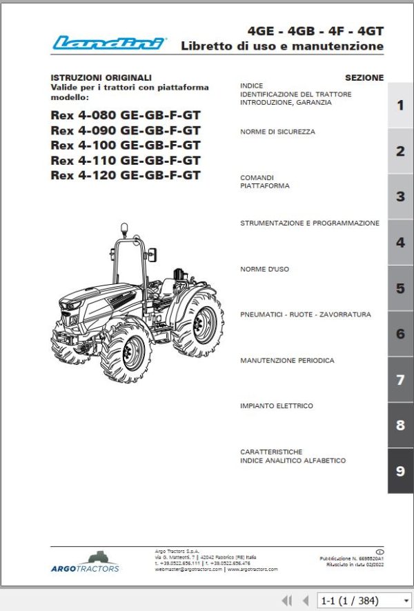 Landini Tractor Rex 4 080 GE to Rex 4 120 GT Operation and Maintenance Manual 6695520A1 IT 1