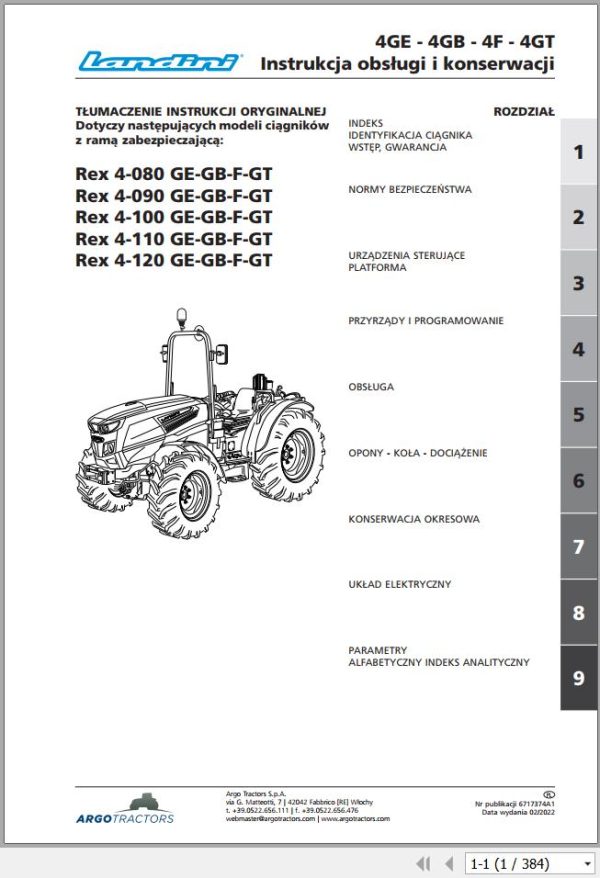 Landini Tractor Rex 4 080 GE to Rex 4 120 GT Operation and Maintenance Manual 6717374A1 PL 1