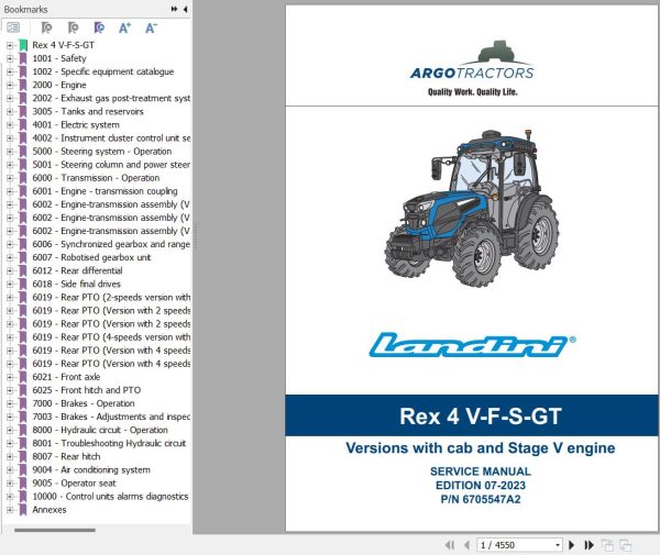 Landini Tractor Rex 4 080 V to 4 120 GT Service Manual and Diagrams 6705547A2 EN 1