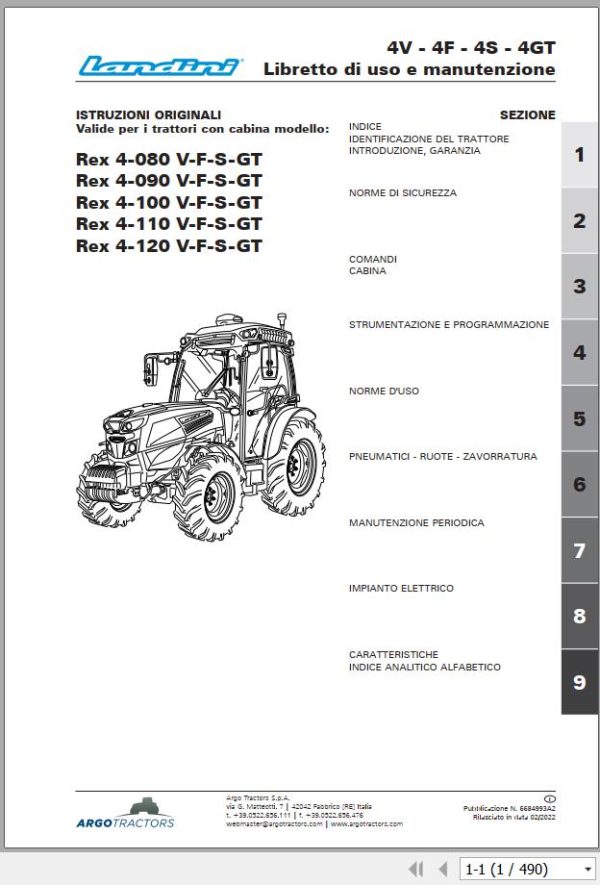 Landini Tractor Rex 4 080 V to Rex 4 120 GT Operation and Maintenance Manual 6684993A2 IT 1