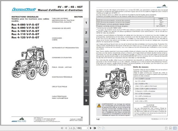 Landini Tractor Rex 4 080 V to Rex 4 120 GT Operation and Maintenance Manual 6684994A2 FR 1