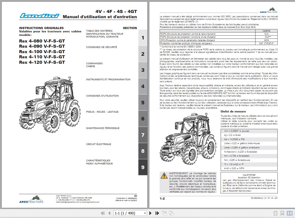 Landini Tractor Rex 4 080 V to Rex 4 120 GT Operation and Maintenance Manual 6684994A2 FR 1