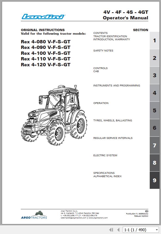 Landini Tractor Rex 4 080 V to Rex 4 120 GT Operation and Maintenance Manual 6685002A2 EN 1