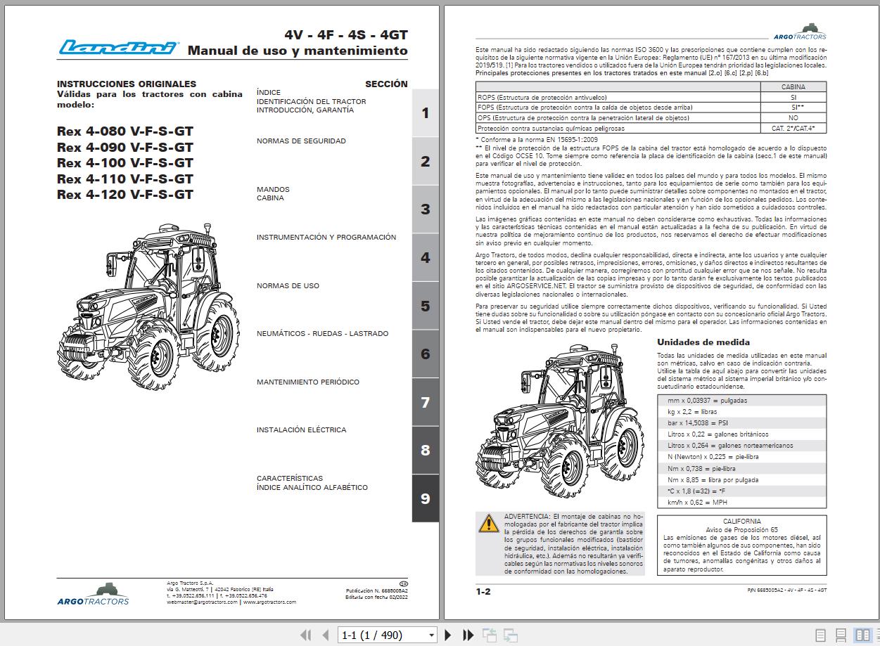 Landini Tractor Rex 4 080 V to Rex 4 120 GT Operation and Maintenance Manual 6685005A2 ES 1