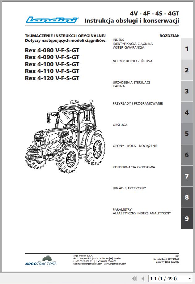 Landini Tractor Rex 4 080 V to Rex 4 120 GT Operation and Maintenance Manual 6717358A2 PL 1