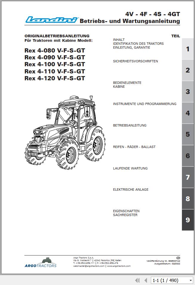 Landini Tractor Rex 4 080 V to Rex 4 120 GT Operator Maintenance Manual 6685007A2 DE 1