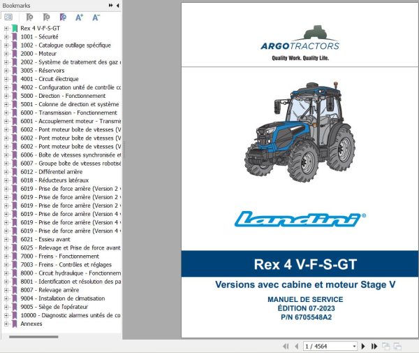 Landini Tractor Rex 4 080 to 4 120 V F S GT Service Manual and Diagrams 6705548A2 FR 1