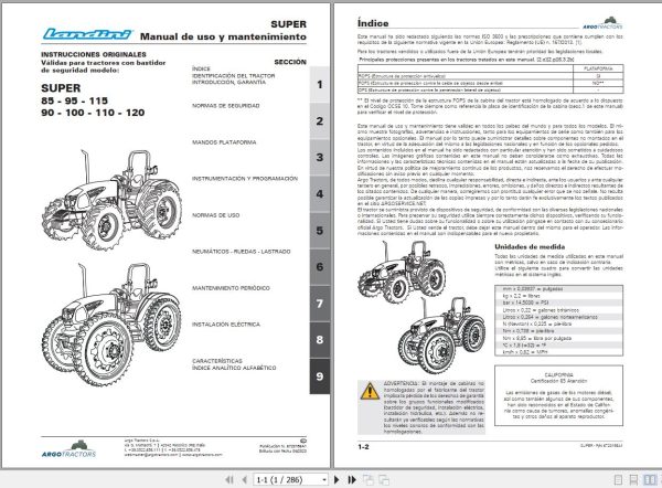 Landini Tractor SUPER 85 to SUPER 120 Operation and Maintenance Manual 6720158A1 ES 1