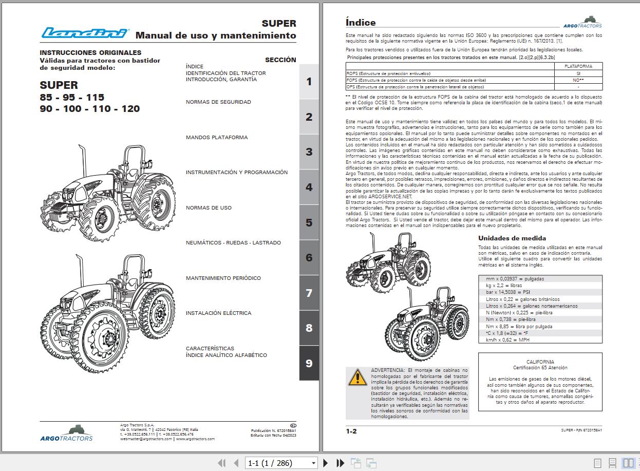 Landini Tractor SUPER 85 to SUPER 120 Operation and Maintenance Manual 6720158A1 ES 1