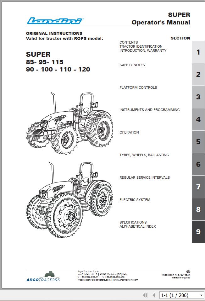 Landini Tractor Super 85 to 120 Operation and Maintenance Manual 6720156A1 1