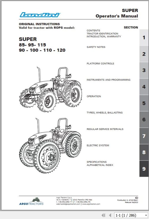 Landini Tractor Super 85 to Super 120 Operation and Maintenance Manual 6720156A1 EN 1