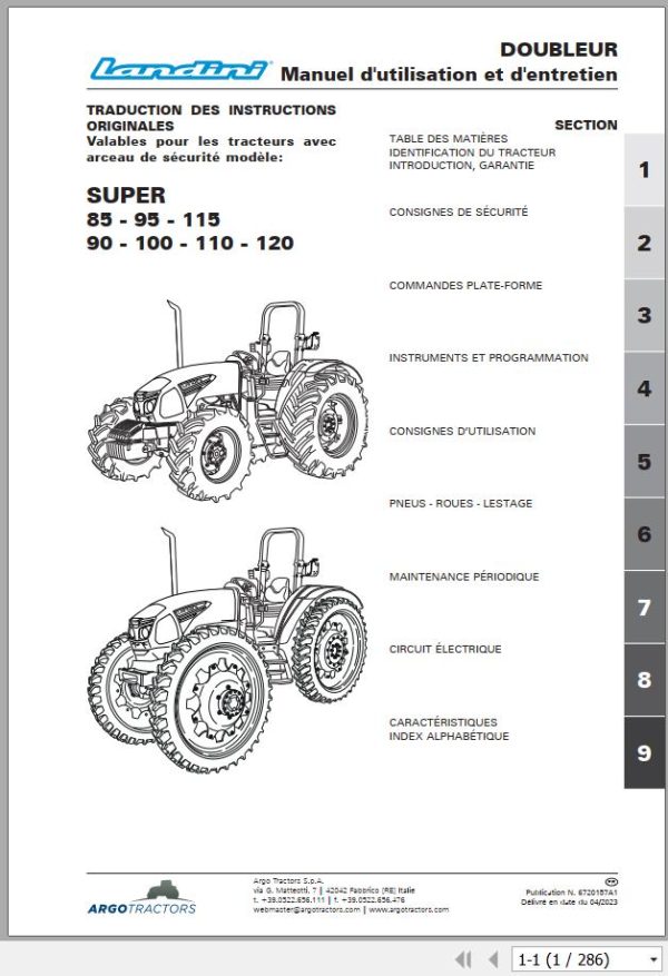 Landini Tractor Super 85 to Super 120 Operation and Maintenance Manual 6720157A1 FR 1