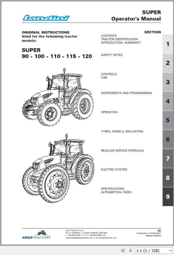Landini Tractor Super 90 to 120 Operation and Maintenance Manual 6720175A1 1