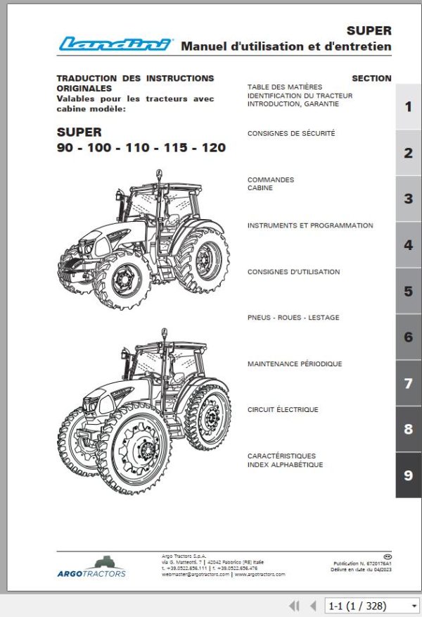 Landini Tractor Super 90 to Super 120 Operation and Maintenance Manual 6720176A1 FR 1