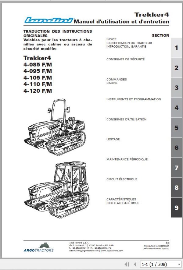 Landini Tractor Trekker 4 085 F M to 4 120 F M Operation and Maintenance Manual 6696768A1 FR 1
