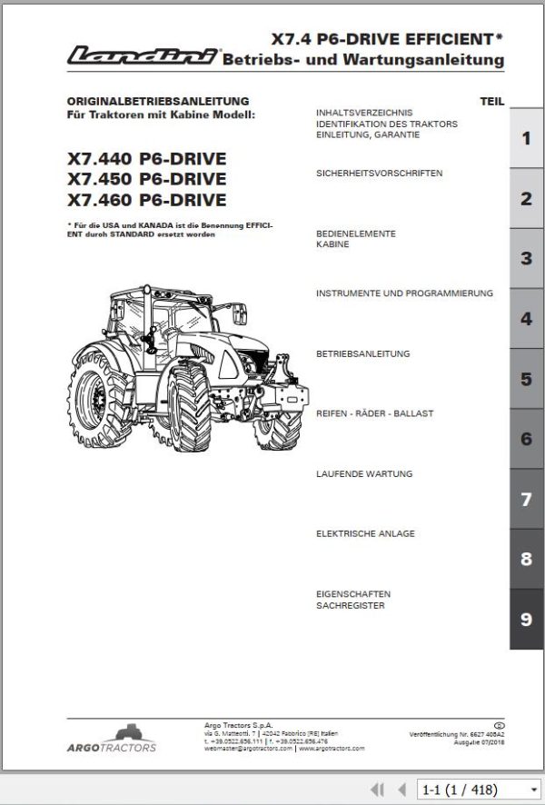 Landini Tractor X7.440 X7.450 X7.460 DRIVE Operator Maintenance Manual 6627405A2 DE 1