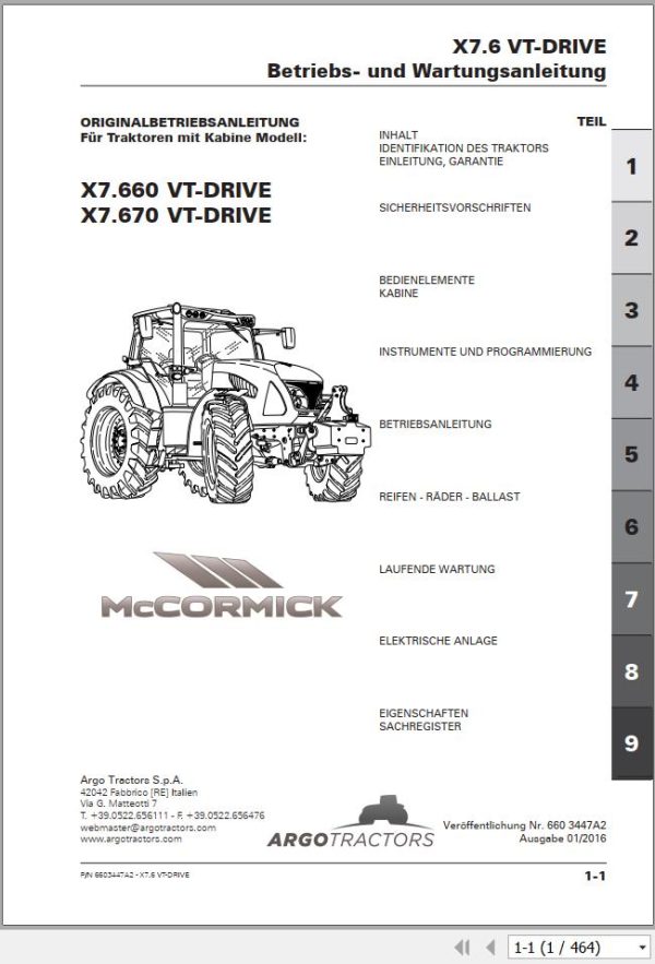 Landini Tractor X7.660 X7.670 VT DRIVE Operator Maintenance Manual 6603453A2 DE 1
