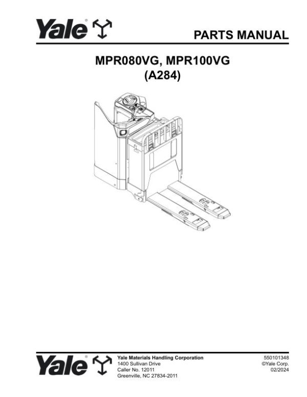 Yale Forklift A284 MPR080VG MPR100VG Parts Manual 550101348 02 2024