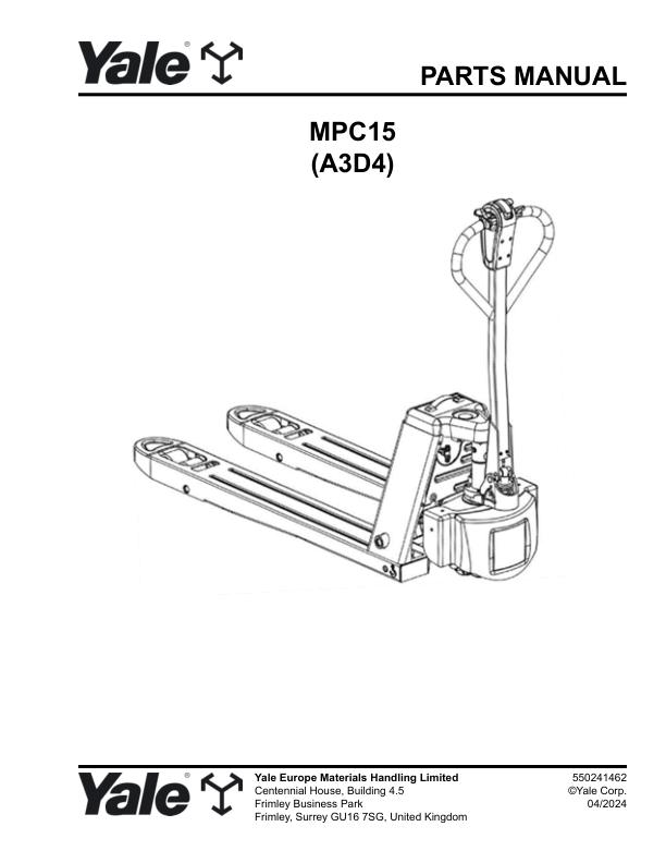 Yale Forklift A3D4E MPC15 Parts Manual 550241462 04 2024