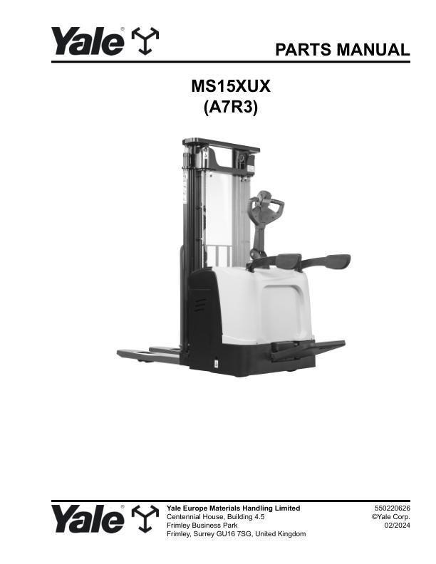 Yale Forklift A7R3E MS15XUX Parts Manual 550220626 02 2024