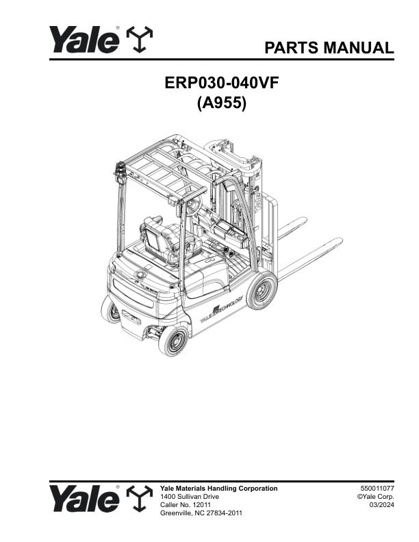 Yale Forklift A955 ERP030VF ERP035VF ERP040VF Parts Manual 550011077 03 2024