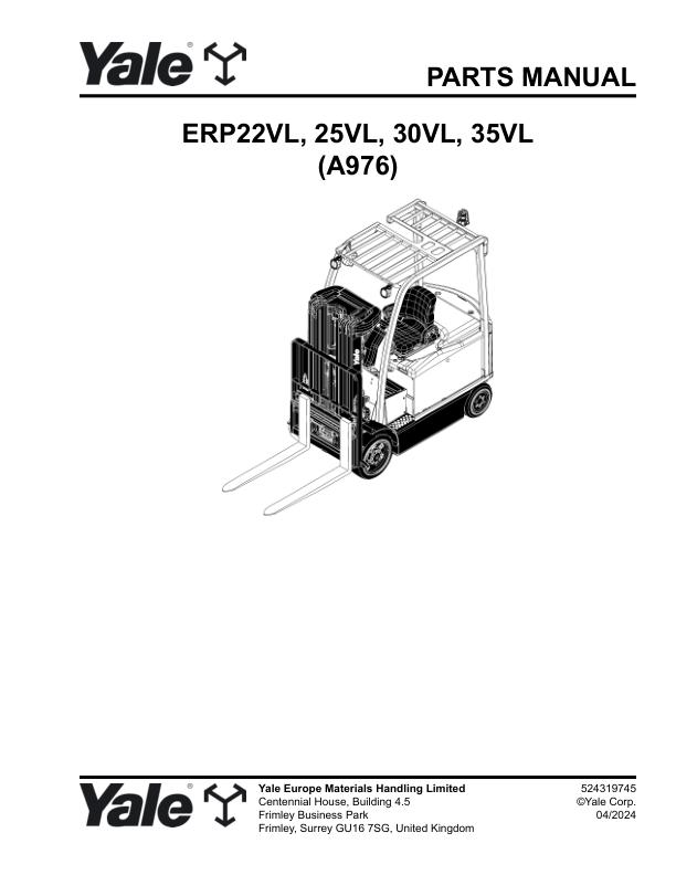 Yale Forklift A976E ERP22VL ERP25VL ERP30VL ERP35VL Parts Manual 524319745 04 2024