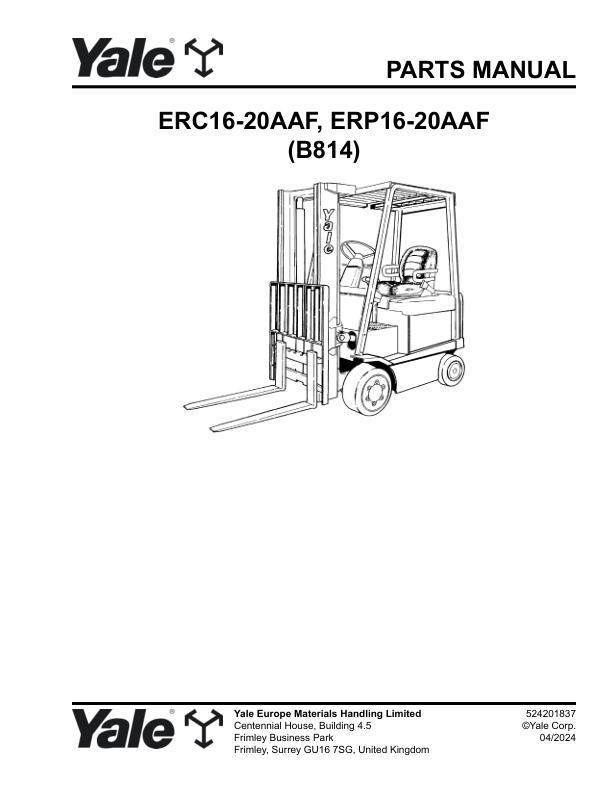 Yale Forklift B814E ERC16 20AAF ERP16 20AAF Parts Manual 524201837 04 2024