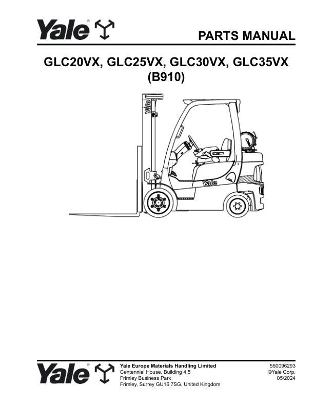 Yale Forklift B910E GLC20VX GLC25VX GLC30VX GLC35VX Parts Manual 550096293 05 2024
