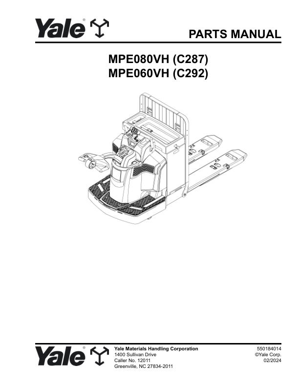 Yale Forklift C287 C292 MPE080VH MPE060VH Parts Manual 550184014 02 2024