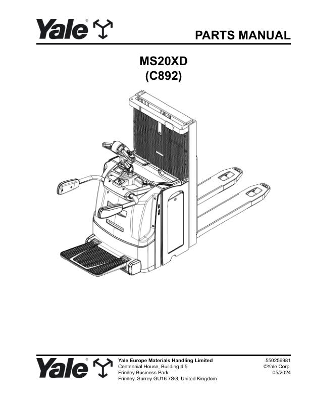 Yale Forklift C892E MS20XD Parts Manual 550256981 05 2024