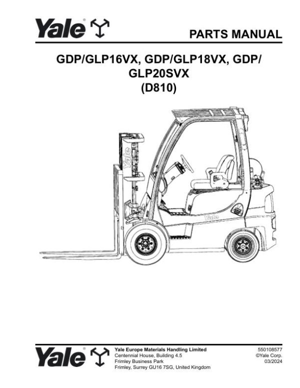 Yale Forklift D810E GDP16VX to GLP20SVX Parts Manual 550108577 03 2024