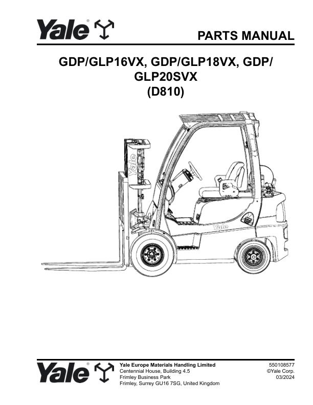 Yale Forklift D810E GDP16VX to GLP20SVX Parts Manual 550108577 03 2024